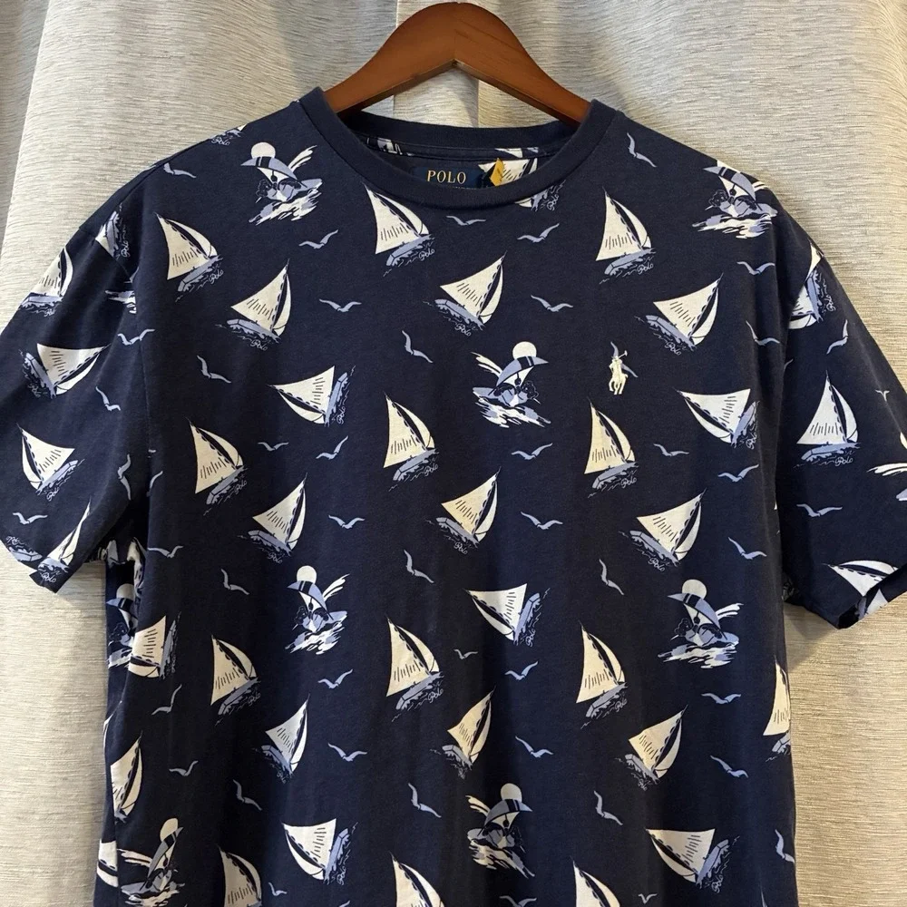 Polo Ralph Lauren Nautical T-Shirt Mens Sz M Navy‎ Sailboat Print Pony
